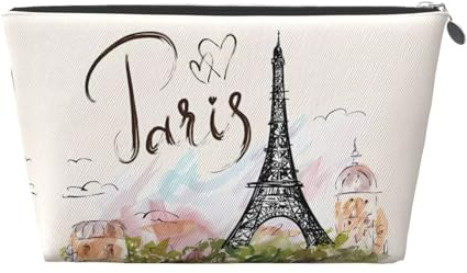 Silver Leather Travel Toiletry Bag - Eiffel Tower Print Cosmetic Makeup Organizer Pouch, Portable Storage for Men and Women