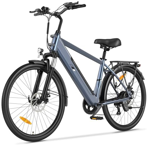 Touroll J2 Vélo électrique Homme Femme 26 Pouces, Autonomie 100KM, Moteur 45Nm, Batterie Amovible 561,6Wh, 7 Vitesses, Vélo électrique Urbain pour trajets Quotidiens, Vélo Électrique Adulte (Bleu)