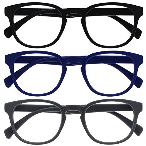 OPULIZE Pop Lesebrille 3er Pack Keck Rund Matt Rahmen Federscharniere Kratzfest Schwarz Blau Grau Herren Damen RRR2-137 +3.50