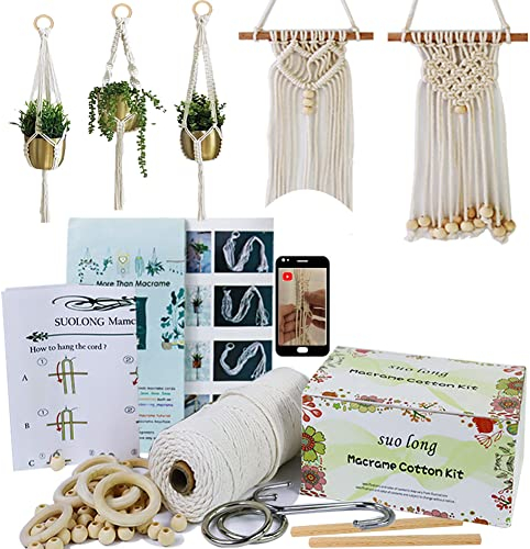 suo long Makramee Set für Anfänger mit Anleitung 3mm Garn mit holzringe und holzperlen Zubehör - für Makramee Wandbehang, Blumenampel