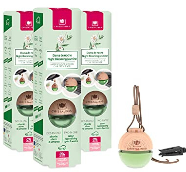 Cristalinas Car Air Fresheners Night Blooming Jasmine Scent, Pack Of 3 - Odour Neutralising 2 in 1 Air Fresheners for Cars, Essential Oils Car Air Freshener Scent for Men & Women lasts upto 8 weeks