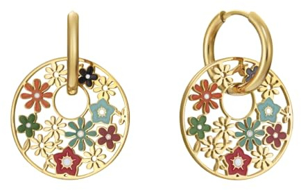 Viceroy Pendientes Kiss para Mujer de Acero Inoxidable con Baño en Tono Dorado - Diseño de Flores Multicolor - Joya Femenina para Regalo