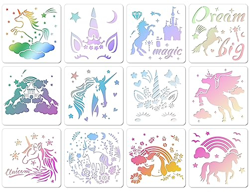 MWOOT 12 Stück Schablonen Einhorn, Unicorn Zeichnung Malschablonen Set, Wiederverwendbar DIY Schablonen für Scrapbooking Karten Boden Wand Fliesen Leinwand Möbel Dekor (20X20cm)