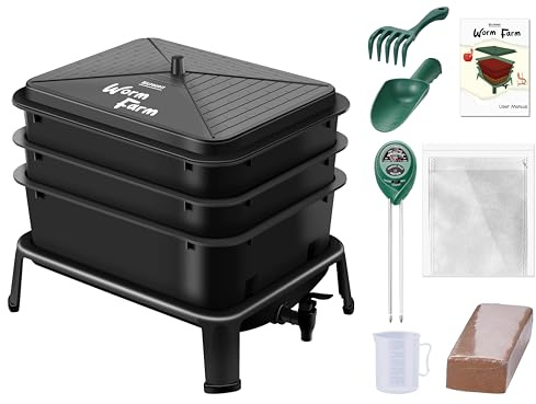 Blütezeit 3-Tray Worm Composter, 32QT Worm Farm with Compost Worms Starter Kit for Indoor & Outdoor Vermicomposting, Worm Bin for Recycling Food Waste (Black)