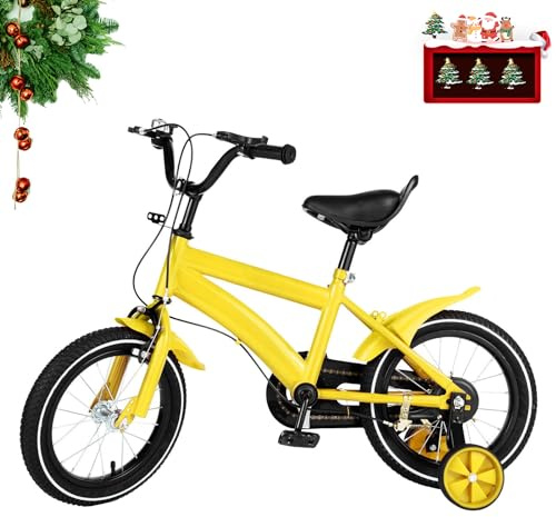 WSIKGHU 14 tums barncykel för flickor och pojkar, barncykel med stödhjul från 3–7 år, ratt och sadel, justerbar höjd barncykel med skyddsplåt (gul)