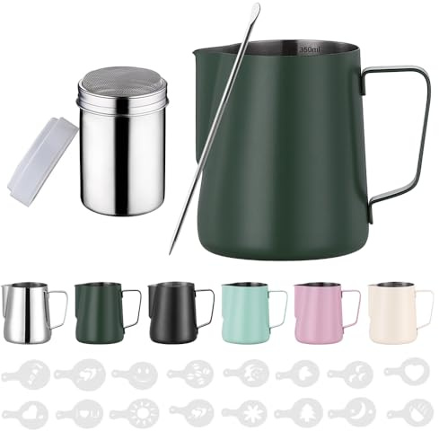 Zuquik 350 ml mjölkkanna rostfritt stål, mjölkkanna barista med mätning Mark 12 oz, mjölkskumkanna med kakaoströare, 16 latte konststenciler och penna för cappuccino och espresso, mörkgrön