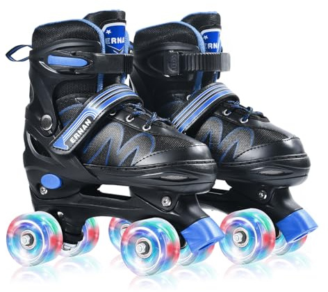 ERNAN Roller Filles et Garçons, Patin à Roulette 4 Taille Réglable, Quad Avec 8 Roues Lumineuses, Pour Débutants (Blue, S)