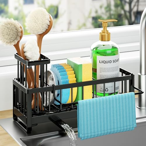 HapiRm Sponge Holder for Kitchen Sink - Self-draining Sink Caddy with Brush and Dishcloth Holders, Stainless Steel Kitchen Organizer for Countertop - Black