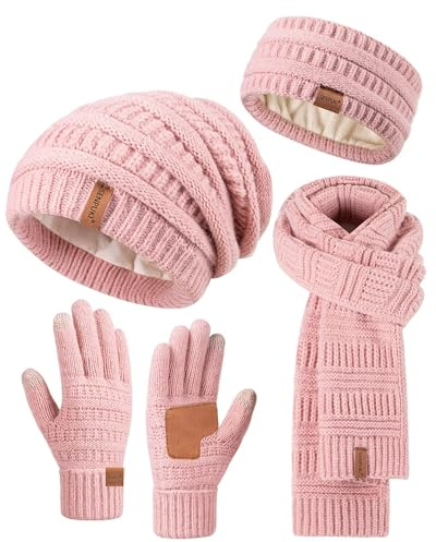 Womens Winter Beanie Hat Scarf Gloves Headband Set, Slouchy Beanie Ear Warmer with Fleece Lined Thick Knit Neck Scarf Touchscreen Gloves, 4 Piece Fashionable Warm Gift Set for Cold Weather Pink