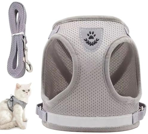 Katzengeschirr und Leine ausbruchsicher für Spaziergänge, Katzen Weste mit Reflektierenden Streifen für Kitten Hunde (Grau)