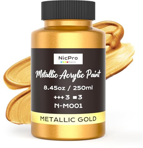Nicpro Acrylfarben Gold Metallic, 250 ml große Blattgoldfarbe, ungiftig Acrylfarbe, lichtecht, Bastelfarbe für Metall, Holz, Ton, Stoff, Leinwand, Möbel, Kunsthandwerk und Künstlerbedarf