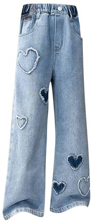 Girls Jeans Heart Patchwork Kids Baggy Jeans Elastic Wasit Teens High Waisted Jeans Wide Leg Straight Leg Trousers Black Light Blue Pants School Trousers (Blue, 12-13 Years)