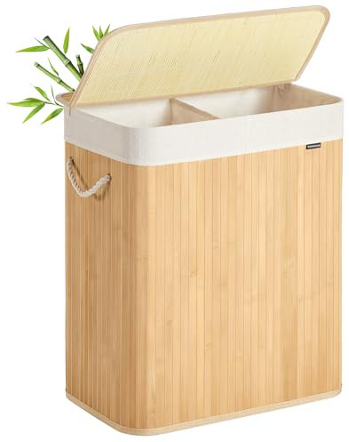 SONGMICS Panier à Linge 100 L, Corbeille Linge Sale 2 Compartiments de Tri, Couvercle, en Bambou, Poignées, Pliable, Sac Amovible Lavable en Machine, pour Buanderie, Chambre, Couleur Boisée LCB074Y01