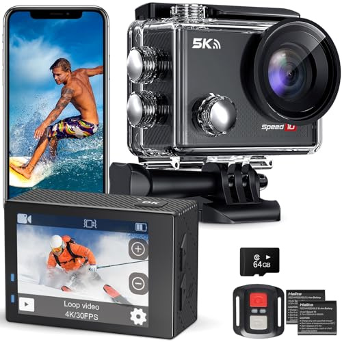 Hiicam Speed 10 Action Cam, 5K30FPS 30MP Actioncam 40M Unterwasserkamera Wasserdicht WiFi 170°Ultra Weitwinkel EIS Actionkameras Zoom 5X mit Fernbedienung und 2x1350mAh Akkus 64GB
