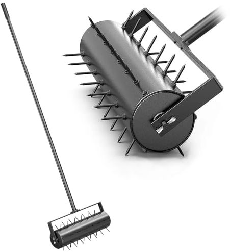 JAOGAUS Aireador y Escarificador de Césped Manual, Rodillo con Mango de Metal Extraíble Telescópico Ajustable de 3 Niveles, Clavos de 5 Cm, Herramienta Resistente para Jardín y Patios