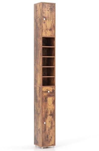 COSTWAY Slim Bathroom Tall Cabinet, Freestanding Storage Cupboard with 2 Doors, 1 Drawer & Adjustable Shelves, Wooden High Floor Cabinet Unit for Bathroom Living Room, 20x20x180cm (Rustic Brown)