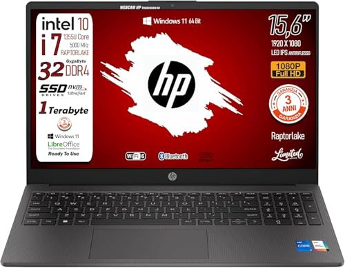 HP 250 G10, PC Portatile CPU Intel Core i7-1355U 13th 10Core, fino a 5 GHz, RAM 32Gb, SSD Pci 1Tb, Display 15.6 ips FHD, Wi-Fi 6, BT, ext lan, Cybersaver, Win 11, Pronto all'Uso, 3 Anni di garanzia