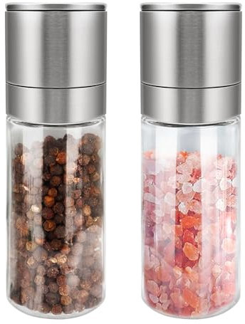 HYSHLC 13cm Adjustable Coarseness Salt and Pepper Grinder Set, 2Pcs Stainless Steel Manual Pepper Mills with Glass Body Dust Cover, Suitbale for Various Spices and Seeds