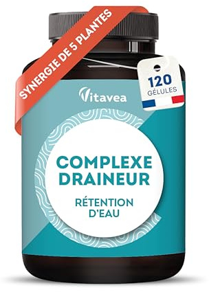 Draineur 5 actifs - Retention d'eau Drainant Puissant, Elimination - Thé Vert, Pissenlit, Artichaut, Frêne, Cassis, 120 gélules - Vegan - Fabriqué en France - Vitavea