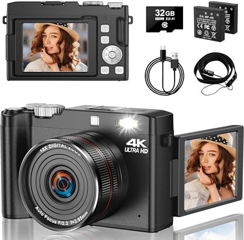 4K-Digitalkamera 64MP Vlogging-Kamera mit 2.8'' 180-Grad-Flip-Bildschirm, 18X-Zoom-Kamera für die Fotografie mit Autofokus & 32GB-Karte & 2 Batterien für Teens Studenten Kinder Jungen Mädchen