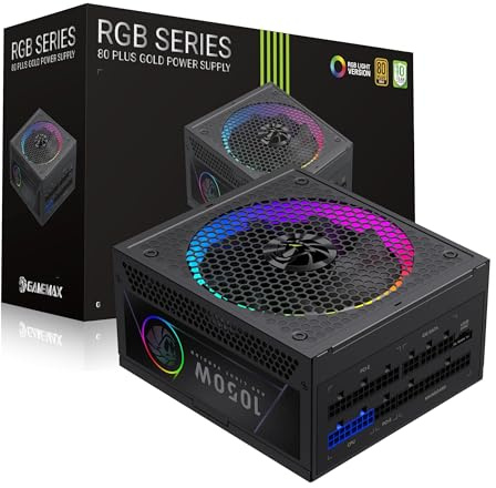 GAMEMAX RGB 1050G Alimentatore PC 1050W Full Modulares, 80 Plus Gold, LLC + DC‑DC, ARGB Sync, Condensatori giapponesi, ventola ARGB FDB da 140 mm, 9 funzioni di protezione, colore: Nero