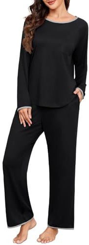 PrinStory Pigiama da donna a maniche lunghe, con scollo rotondo e gamba larga, abbigliamento da casa con tasche