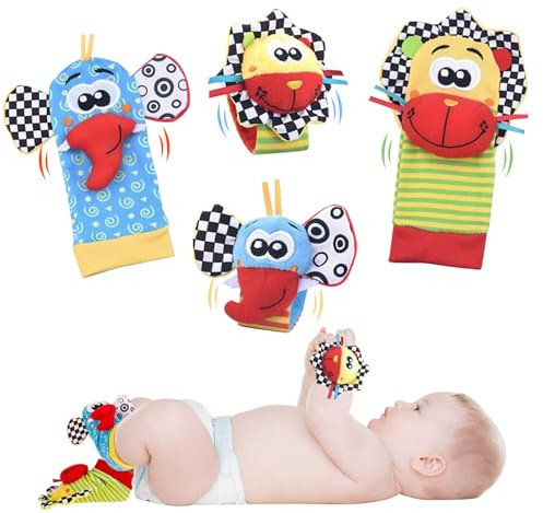 Muñeca sonajero calcetines y buscador de pies juguetes para bebé, 4 piezas juguetes educativos para bebés recién nacidos, niños y niñas de 0 a 12 meses, regalos para baby shower, cumpleaños del bebé