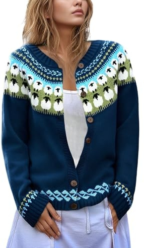 Generisch Women's Norwegian cardigan with sheep motif, vintage cardigan with button placket, cosy cardigan for autumn, Style_y01 Navy, XL