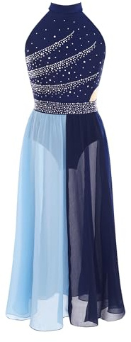 Aislor Asymétrique Robe De Patinage Artistique pour Filles Costume De Danse Lyrique Enfants Tenue De Ballet Danse Compétitions Bleu Marine 9-10 Ans