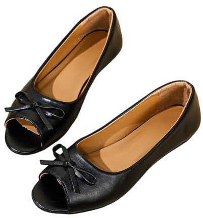 Ballerines plates à bout ouvert pour femme avec nœud - Confortables à enfiler - Chaussures plates décontractées pour le travail, le bureau, le quotidien, Noir , 40 EU