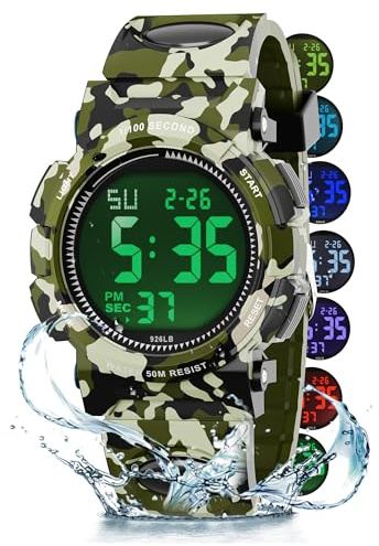 GUUMUXIN Digital Watch, 5 ATM Waterproof, 7-Color Light, Alarm, Stopwatch | Date display, 12/24H format, lightweight, durable strap, ideal for sports & daily wear, fits teens 7-18