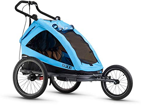 TAXXI ELITE two blue | Anhänger | Buggy | Jogger | Multifunktionaler Kinderwagen | Alleskönner für zwei | Flexibles Travelsystem | 3-in-1