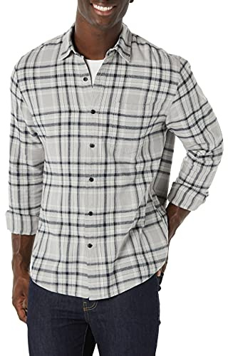 Amazon Essentials Men's Regular-Fit Long-Sleeve Flannel Shirt (Available in Big & Tall), Black Light Grey Plaid, Medium