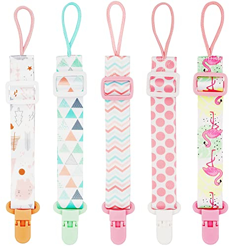 Cadena Chupete Bebe,FenFang 5 Pcs Chupetes de Clip, Ajustable Cadenas para Chupetes, Portachupete Bebe Chupetero Tela Clips Niños Niñas, Correa Chupete para Unisex Chicos y Chicas (Rosa)
