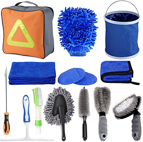 AIKER Auto Reinigungsset, 14PCS Komplett-Set Auto Innenraum Wasch Set/Autopflege Set mit MikrofasertüchernWashKit/Fensterwischer/StaubwedelStaubfänger/Felgenbürste/Reifenbürste/Wachsapplikator