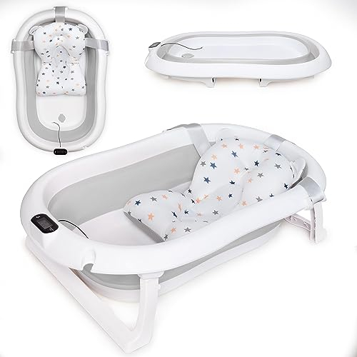 moovkee. Faltbare Baby Badewanne mit Thermometer und Badekissen - 80cm Babybadewanne für Baby 0-36 Monate - Kinderbadewanne für Neugeborene - Sicher für Ihr Baby