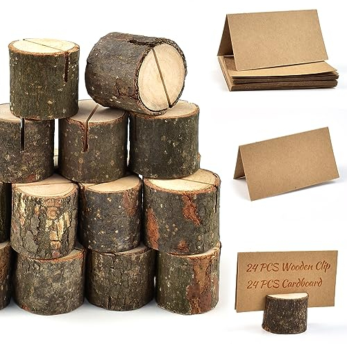 PEALOVCOM 24 Stück Holz Tischkartenhalter Hochzeit Platzkartenhalter Visitenkartenhalter Fotokartenhalter Echtholz Menükarten Halter mit 24 Kraftpapier Karte für Hochzeiten, Weihnachten, Taufe