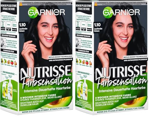 Garnier Nutrisse Pflegende Intensivtönung mit nährenden Fruchtölen, Coloration mit 8 Wochen Halt, Farbsensation Haarfarbe, 1.10 Leuchtendes Schwarz (Packung mit 2)