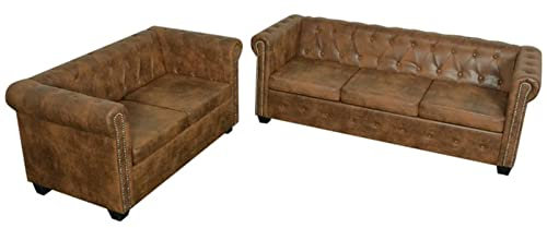 BaraSh Ensemble de Canapé Chesterfield à 2 et 3 Places Marron, Pied Central, Plateau et Accoudoir