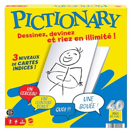 Mattel Games Pictionary Jeu de société, 8+, 2 équipes | Jeu de dessin et devinettes classique, 3 niveaux d’indices pour enfants, ados, groupes, soirée famille, français, JDX98