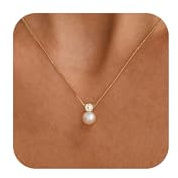 Fwlisesa Pearl Necklaces for Women, 14K Gold Plated Charm CZ Pearl Pendant Necklace Dainty Pearls Choker Necklaces for Women Simple Gold Plated Necklace Wedding Jewelry for Womens Bridesmaids