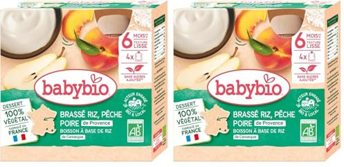 Babybio Gourde Brassé Riz Pêche Poire Bio, 4 x 85g (Lot de 2)