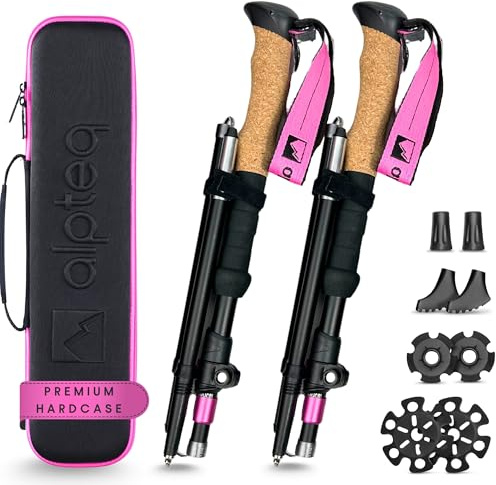 Alpteq® Wanderstöcke faltbar Aluminium mit Korkgriff | Bergsport Trekkingstöcke | Nordic Walking Stöcke Damen & Herren | extra leicht und Teleskop variabel (Aluminium 100-120 cm | Hot Pink)