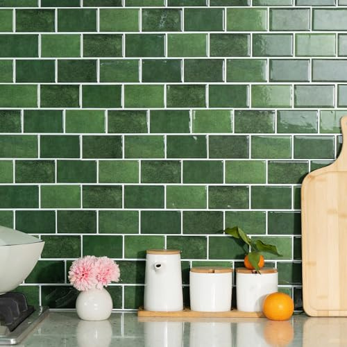 10 Sheets Marble Effect Tile Stickers, Peel and Stick on Tiles for Kitchen Bathroom, Vinyl Wall Self Adhesive Tile Decals Covers Waterproof (Green)