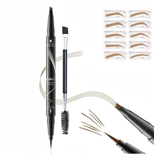 Crayon Sourcils 4 Pointes Fourche Résistant à l'Eau - Double Embout Ultra-Fin & Formule Anti-Tâches pour Sourcils Naturels (Gabarit & Brosse Professionnelle) (Marron clair)