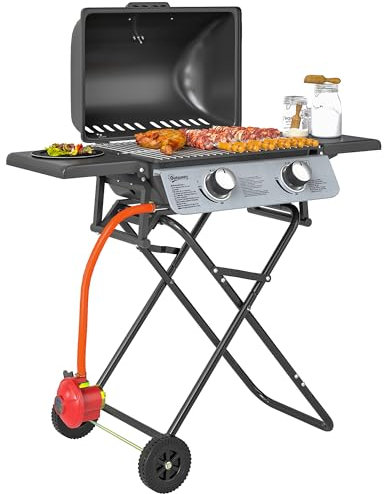 Outsunny Foldable Gas BBQ with Side Tables, 2 Burner Portable Gas Barbecue Grill with Thermometer Lid Grease Tray Wheels, Folding Trolley for Garden Party Camping Picnic Outdoor Cooking, 5.6KW, Black
