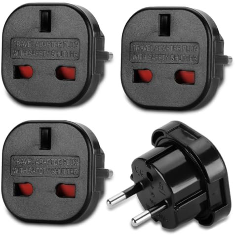 Welsberg Lot de 4 Adaptateurs de Voyage UK vers EU, Adaptateur Prise Anglaise vers Prise Française, UK 3 Broches vers EU 2 Broches, Cet Adaptateur pour l’Europe, France, Espagne, Allemagne, Noir