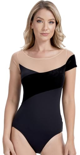 s.lemon Klassisk Dans Bodysuit för Vuxna, Dance Bodysuit Leotards Kortärmad, Velvet Mesh Body, Svart, Svart, 160/84A/XS