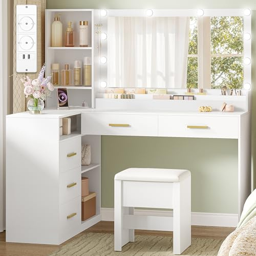 HEXCELEN Coiffeuse avec Grand Miroir LED et Tabouret, 40×120×139cm Blanc