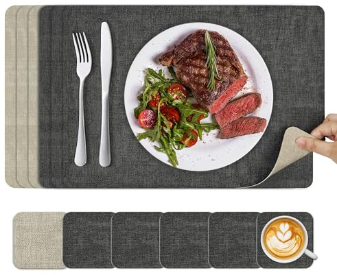KitchenBoss Manteles Individuales Lavables y Posavasos, Salvamanteles Individuales Mantel de Doble Cara para Cocinas, Comedores y Oficinas (Gris Beige,6 Set) 43x30cm